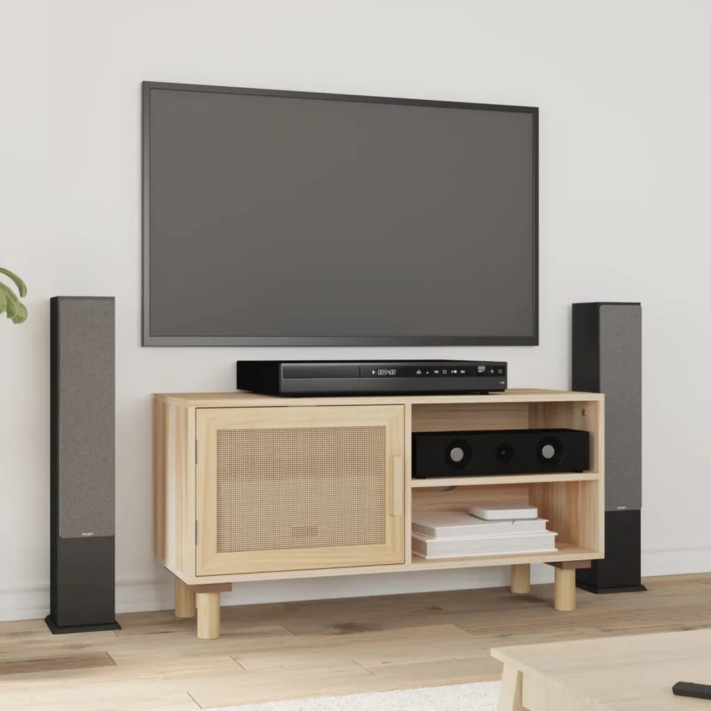 Mobile Tv Marrone 80x30x40 Cm Massello Pino E Rattan Naturale /