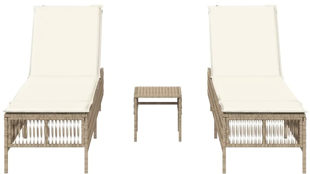 Lettini prendisole 2 pz con tavolino beige in polyrattan