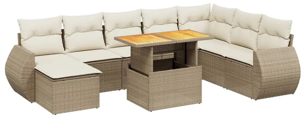 Set divano da giardino 9 pz con cuscini beige in polyrattan