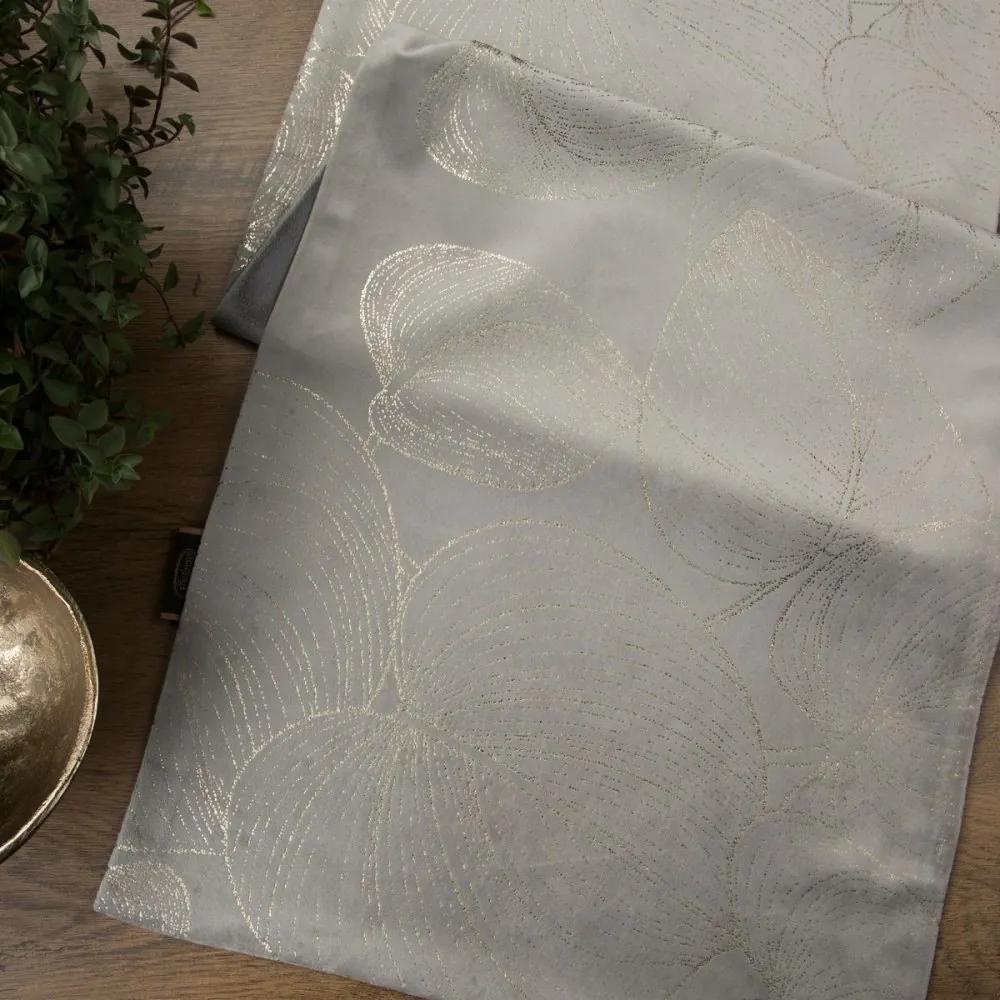 Tovaglia centrale in velluto con stampa di foglie grigie lucide Larghezza: 35 cm | Lunghezza: 140 cm