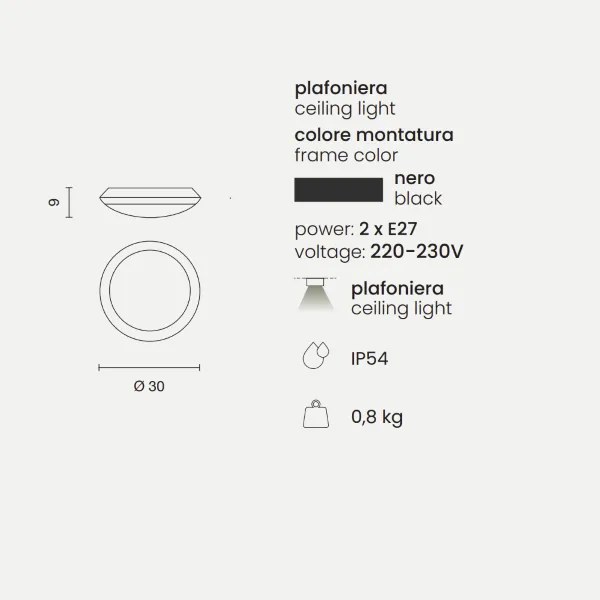 Lampada da parete per esterni grado IP65 luce E27- BASE Nero D30 cm