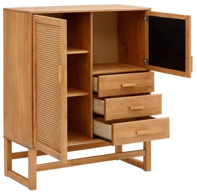 Cassettiera in legno di pino con ante in rattan , larghezza 90 cm Jolene - Støraa
