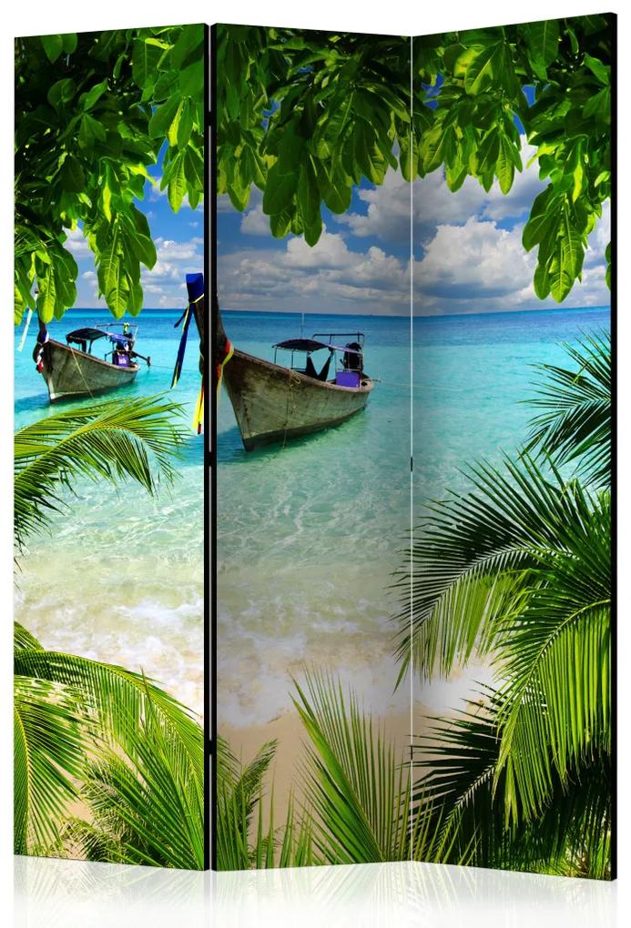Paravento Paradiso tropicale - paesaggio di mare blu e piante tropicali