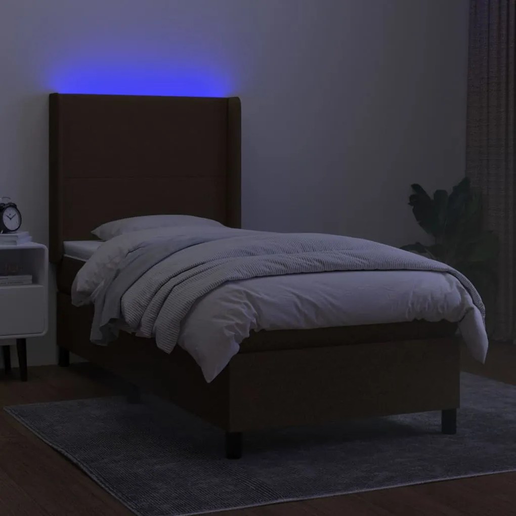 Letto a molle materasso e led marrone scuro 80x200cm in tessuto