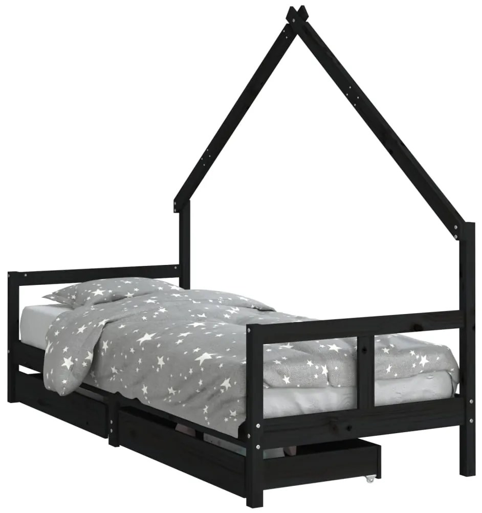 Giroletto bambini con cassetti nero 80x200cm massello di pino