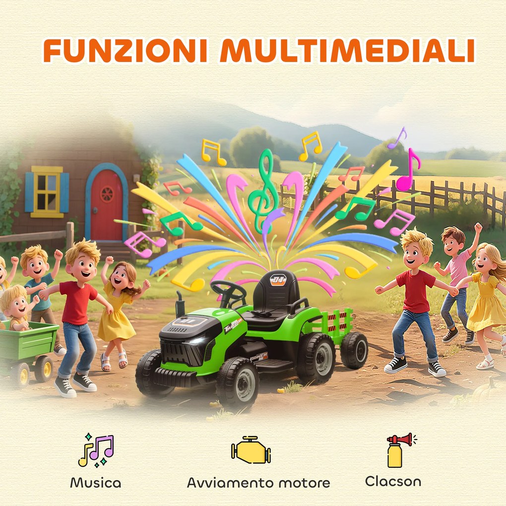 Trattore Elettrico per Bambini 12V con Rimorchio Staccabile 139x58x55 cm e Telecomando Verde...