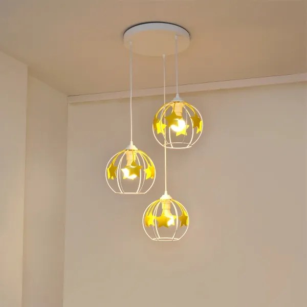 Lampadario a sospensione per bambini STARS 3xE27/15W/230V giallo/bianco