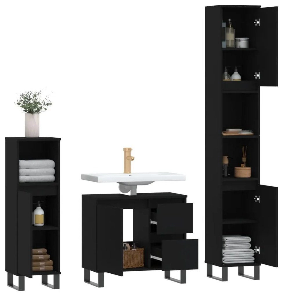 Set mobili da bagno 3 pz nero in legno multistrato