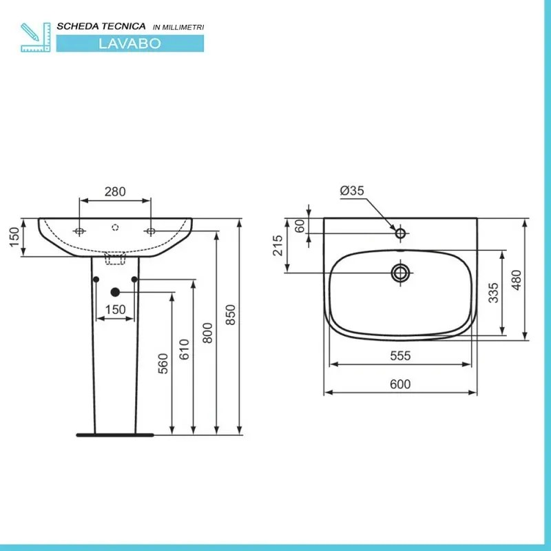 Lavabo Ideal Standard 65 cm con colonna in ceramica lucida I.Life A