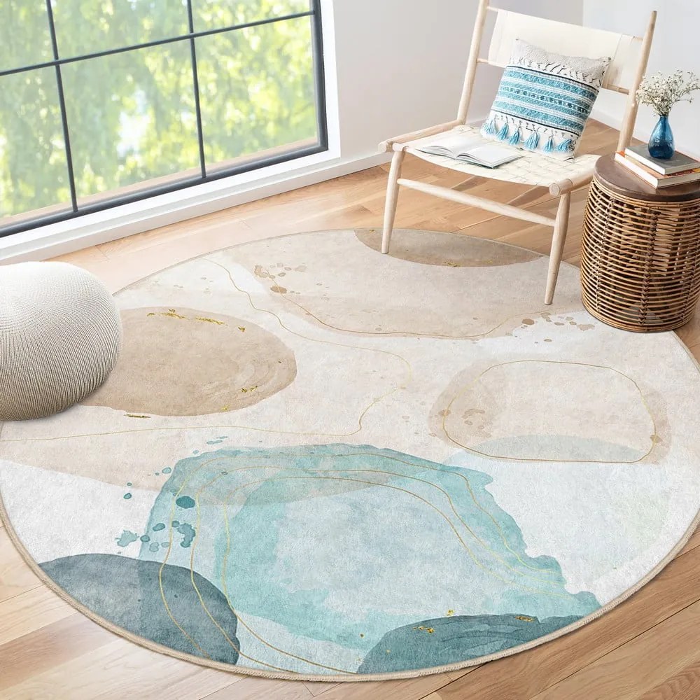 Tappeto rotondo blu/beige lavabile ø 150 cm Puddle – Mila Home