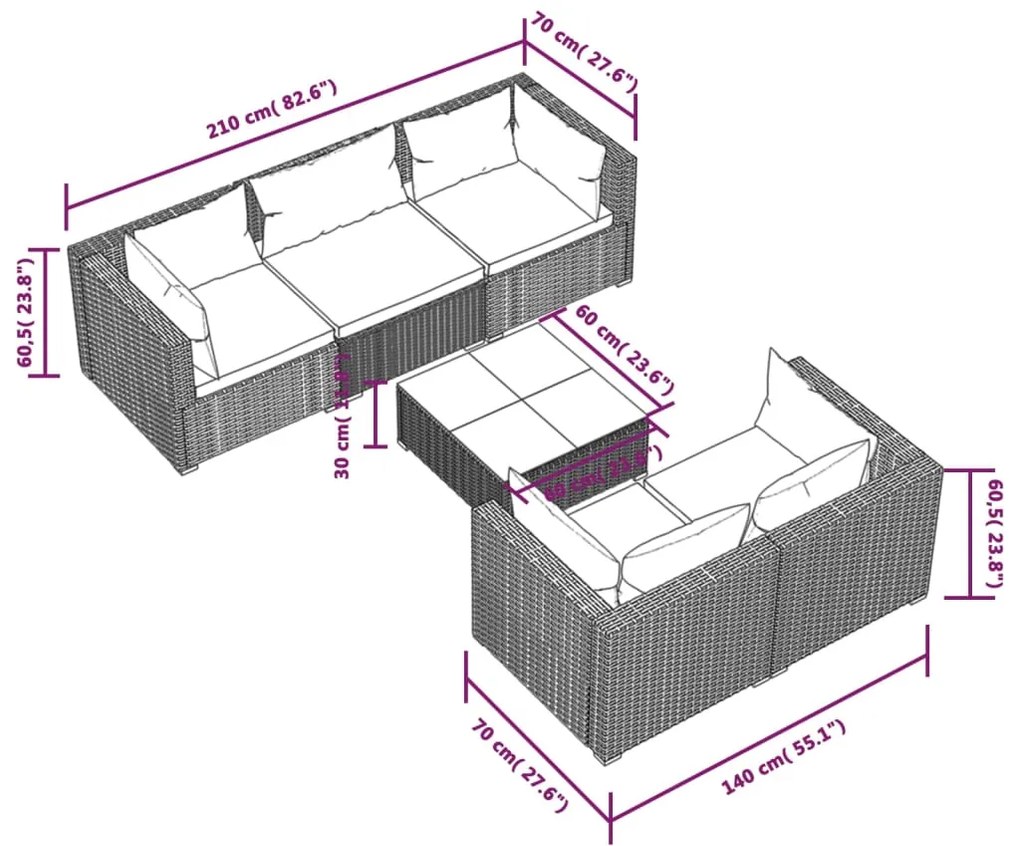 Set Divani da Giardino 6 pz con Cuscini in Polyrattan Grigio