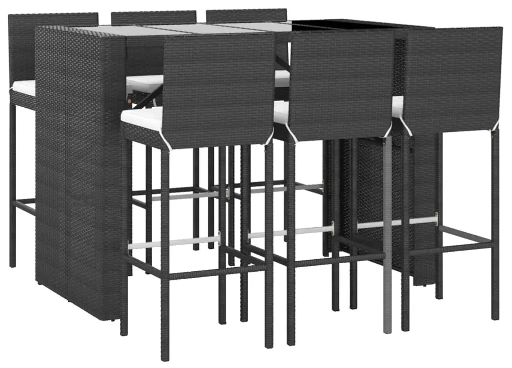 Set bar da giardino 7 pz con cuscini in polyrattan nero