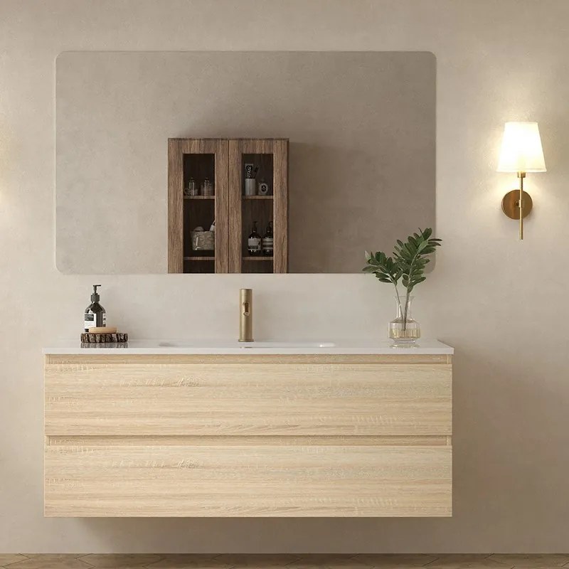 Mobile bagno 120 cm due cassetti lavabo integrato legno chiaro | KAM-HR120 - KAMALU