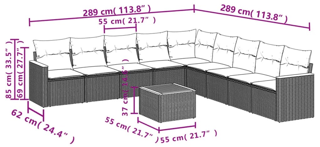 Set divano da giardino 10 pz con cuscini beige in polyrattan