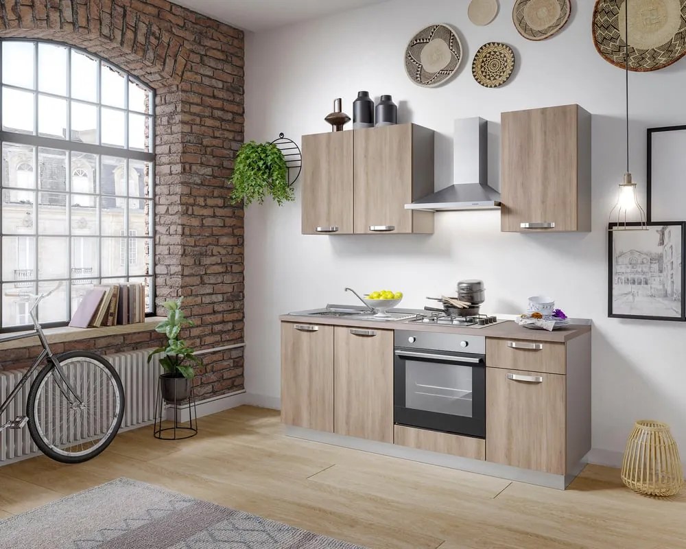 Cucina montata Dora rovere chiaro, lavello a sinistra, L 195 cm, completa di: cappa a camino, piano cottura a gas, forno,