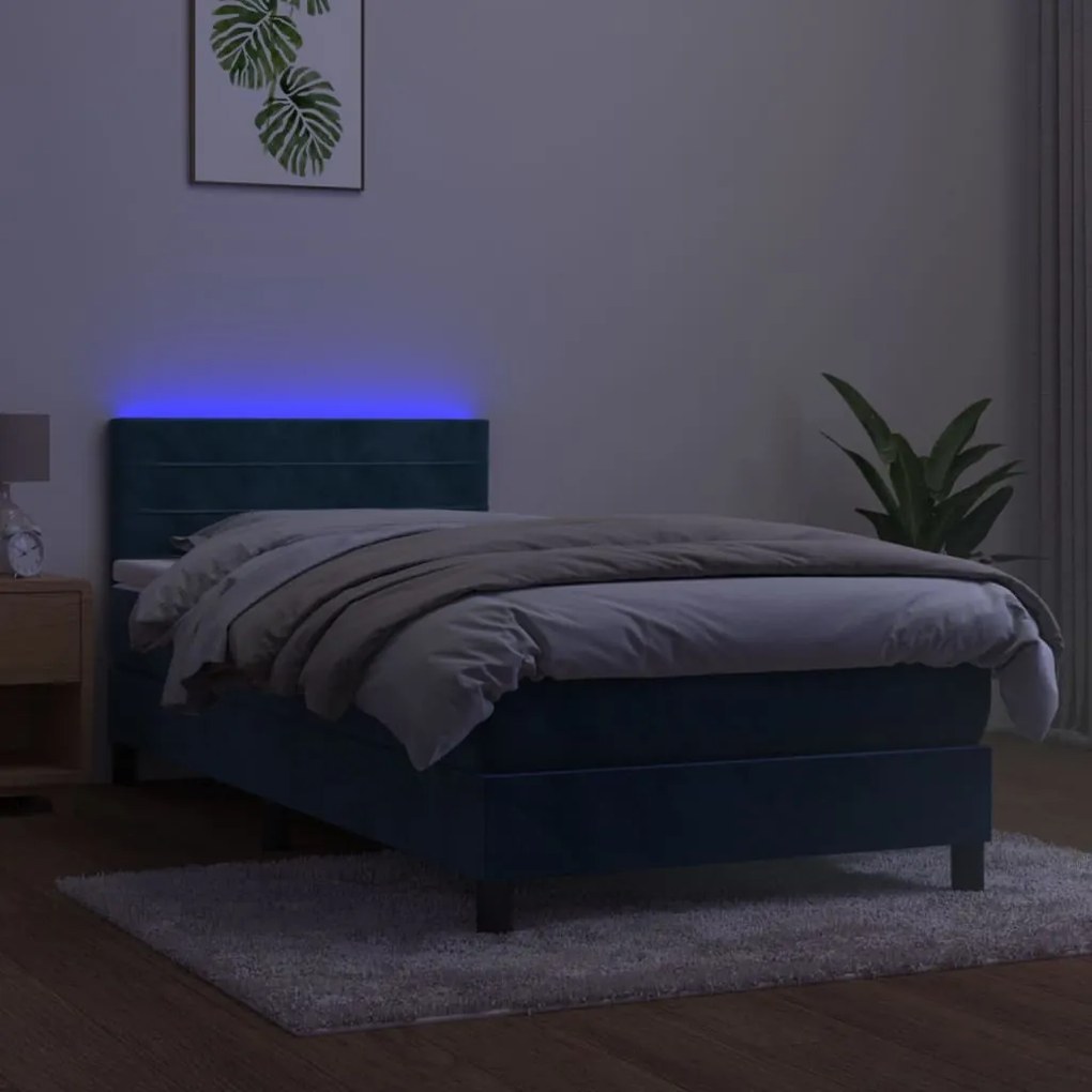 Letto a molle con materasso e led blu scuro 90x190cm in velluto