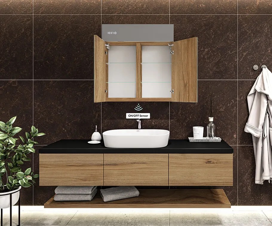Mobile bagno con specchio LED illuminato - 66,5 x 72 cm con ripiani in vetro nel colore Rovere Oslo, in legno, di Artforma