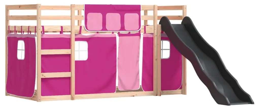 Letto a castello con scivolo e tende rosa 90x200 cm