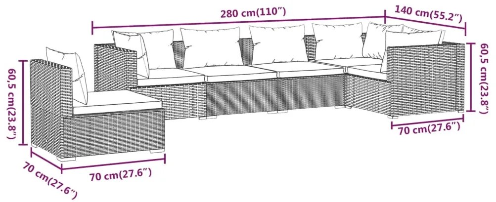 Set Divani da Giardino 6 pz con Cuscini in Polyrattan Marrone