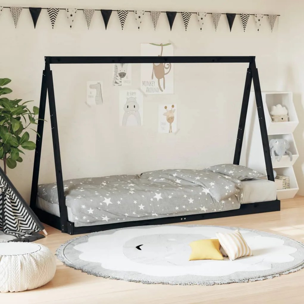 Giroletto Per Bambini Nero 80x200 Cm İn Legno Massello Di Pino /