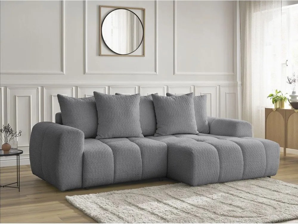 Divano angolare grigio allungabile/con contenitore (con penisola a destra/con chaise lounge) con rivestimento in bouclé Roxelane – Bobochic Paris