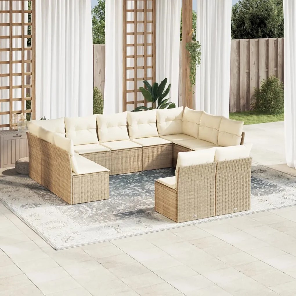 Set divani da giardino 11 pz con cuscini beige in polyrattan