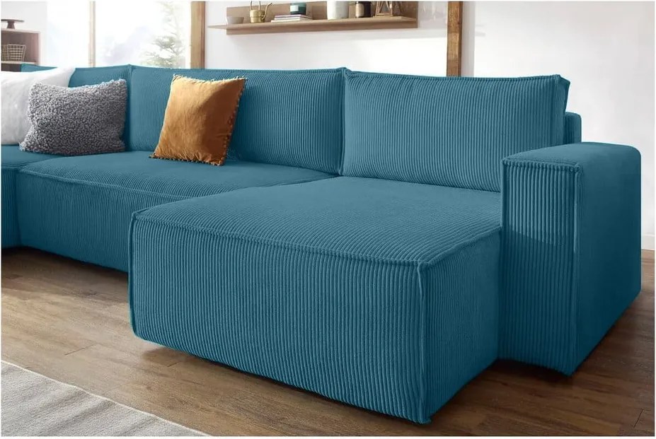 Divano angolare turchese allungabile con rivestimento in velluto a coste Nihad – Bobochic Paris