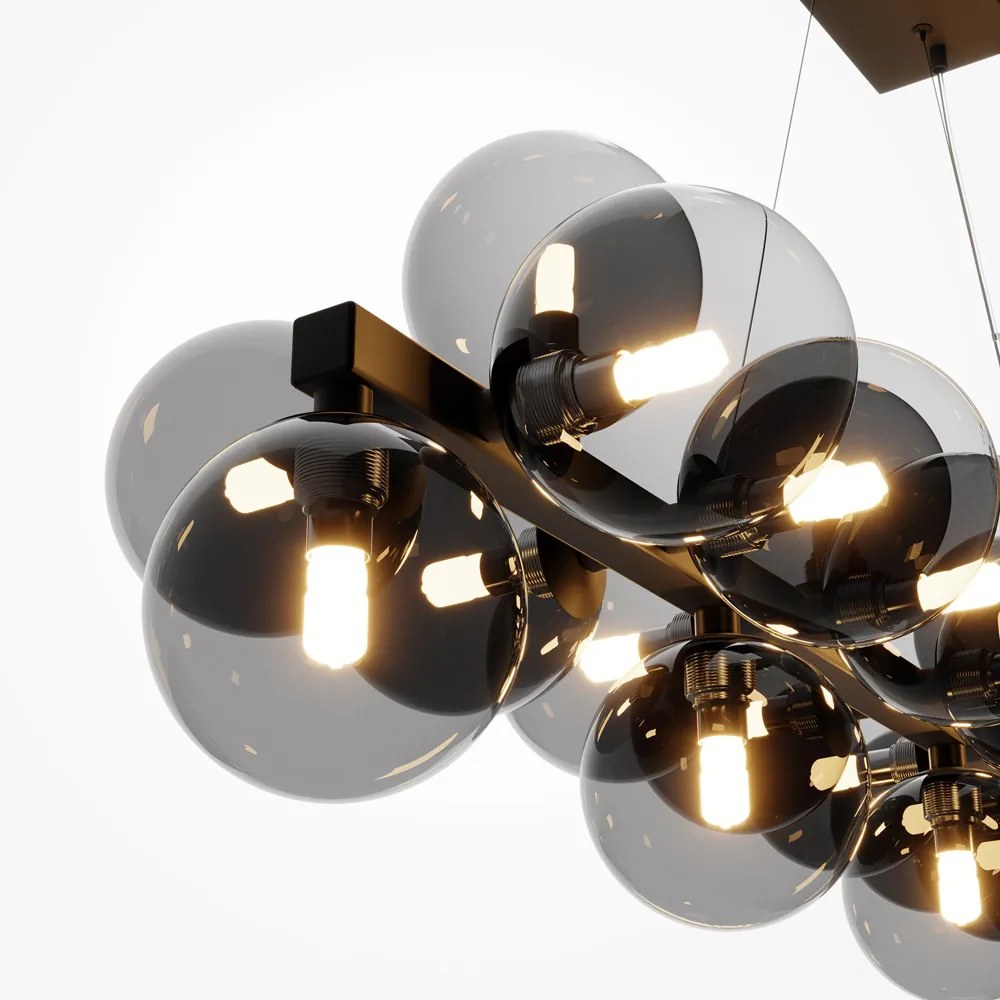 Lampadario Contemporaneo Dallas Metallo Nero 25 Luci Diffusori Vetro  Nero Specchiato