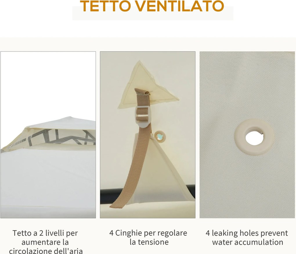 Gazebo da Giardino 2.95x2.95m in Metallo Doppio Tetto Zanzariera e Laterali Beige...
