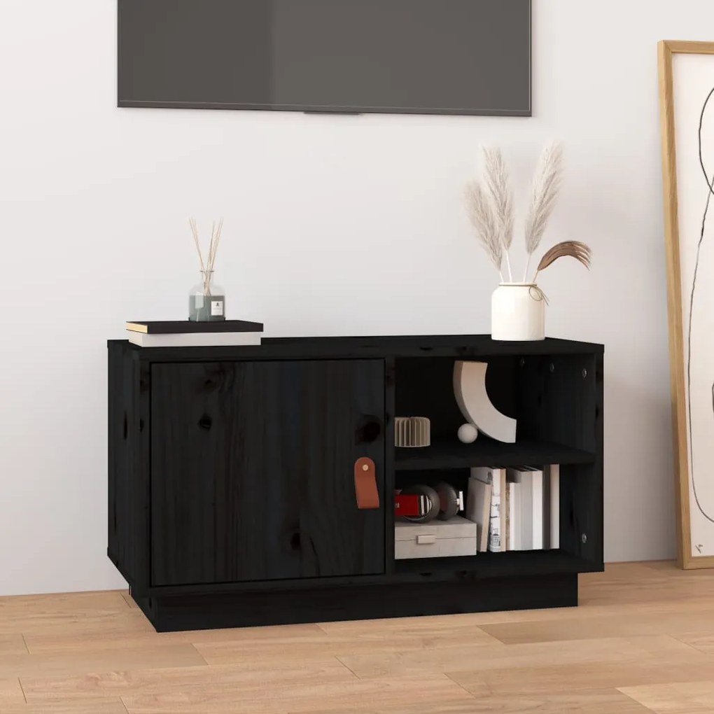 Mobile Porta Tv Nero 70x34x40 Cm İn Legno Massello Di Pino /