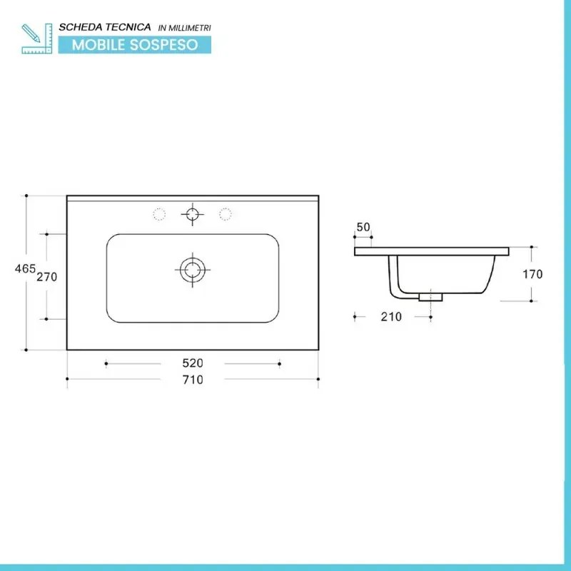 Mobile bagno sospeso 70 cm noce maya con lavabo ad incasso Gaya