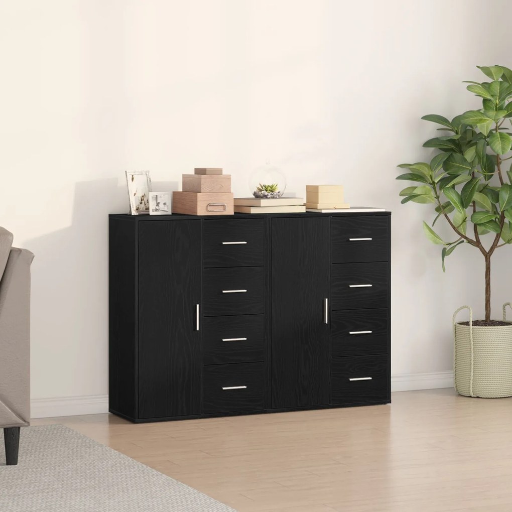 Sideboard set di 2 quercia nera legno, maniglie in metallo medio