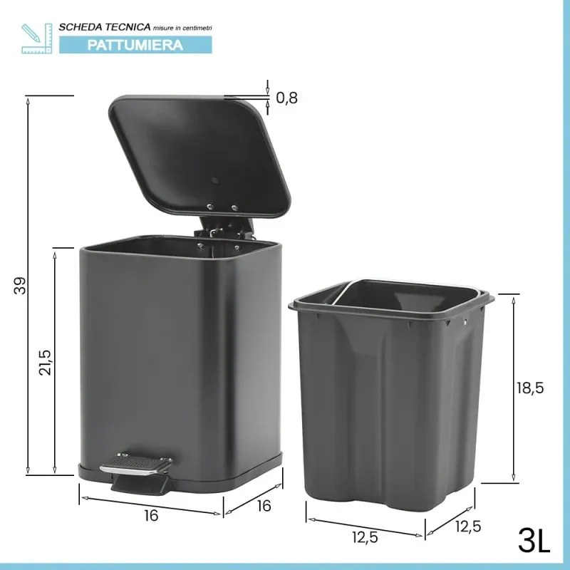 Pattumiera bagno 3lt in acciaio nero con pedale e secchio estraibile