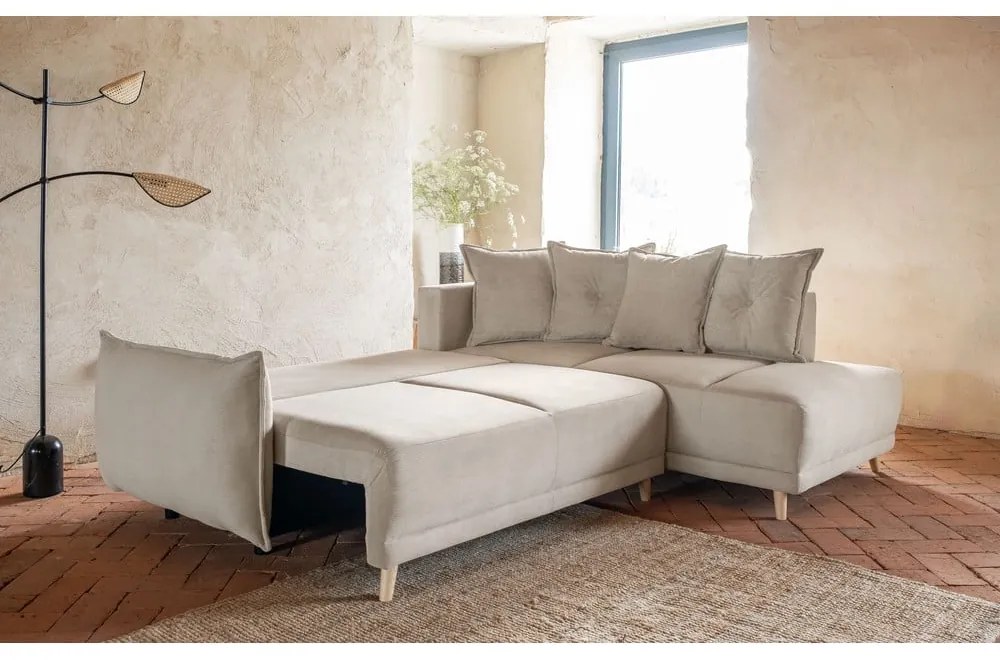 Divano letto angolare in velluto a coste beige (angolo destro) Lazy Lukka - Miuform