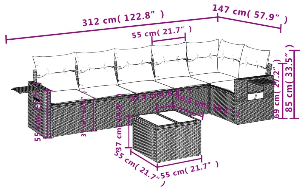 Set divani da giardino 7pz con cuscini grigio chiaro polyrattan