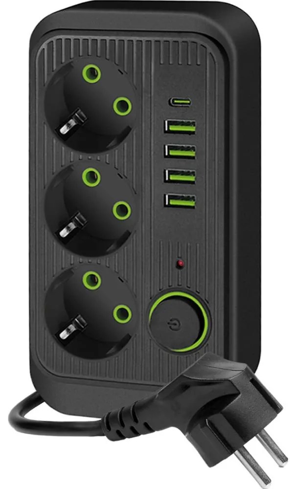 Sdoppiatore di prese con interruttore LINEA 3x230V + 5xUSB A/C 1,5 m SCHUKO nero