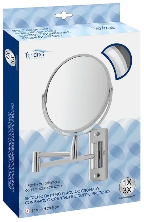 Specchio beauty a muro orientabile in acciaio cromo con ingrandimento