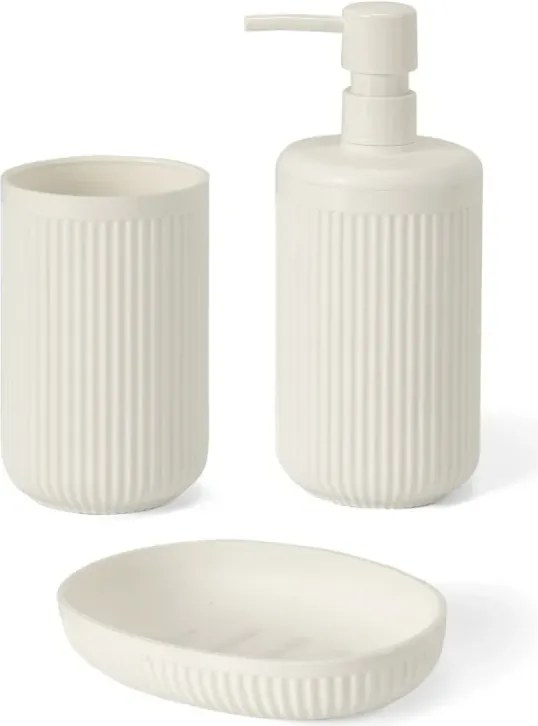 Set accessori bagno 3 pz con dispenser portaspazzolino e portasapone bianco crema cannettato Arizona