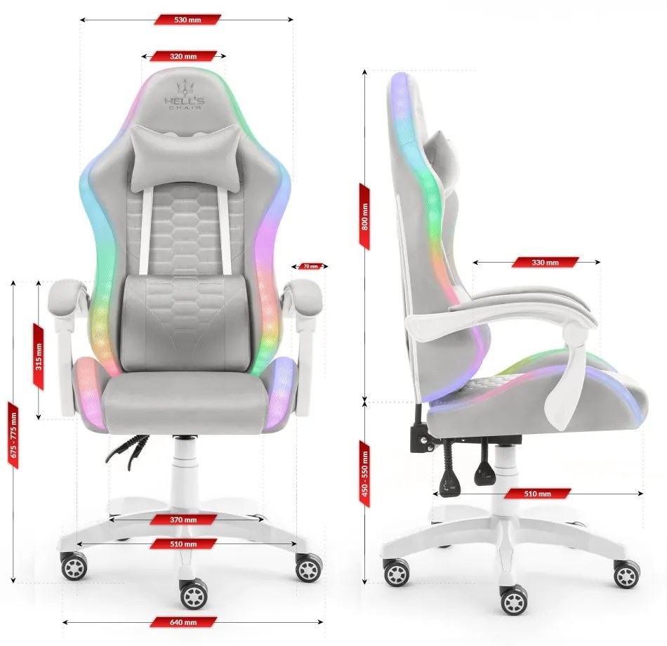 Sedia da gioco HC-1000 Grigio-Bianco LED RGB in tessuto