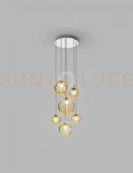 Puppet sospensione r6 ambra trasparente cromo lucido 6 luci attacco g9