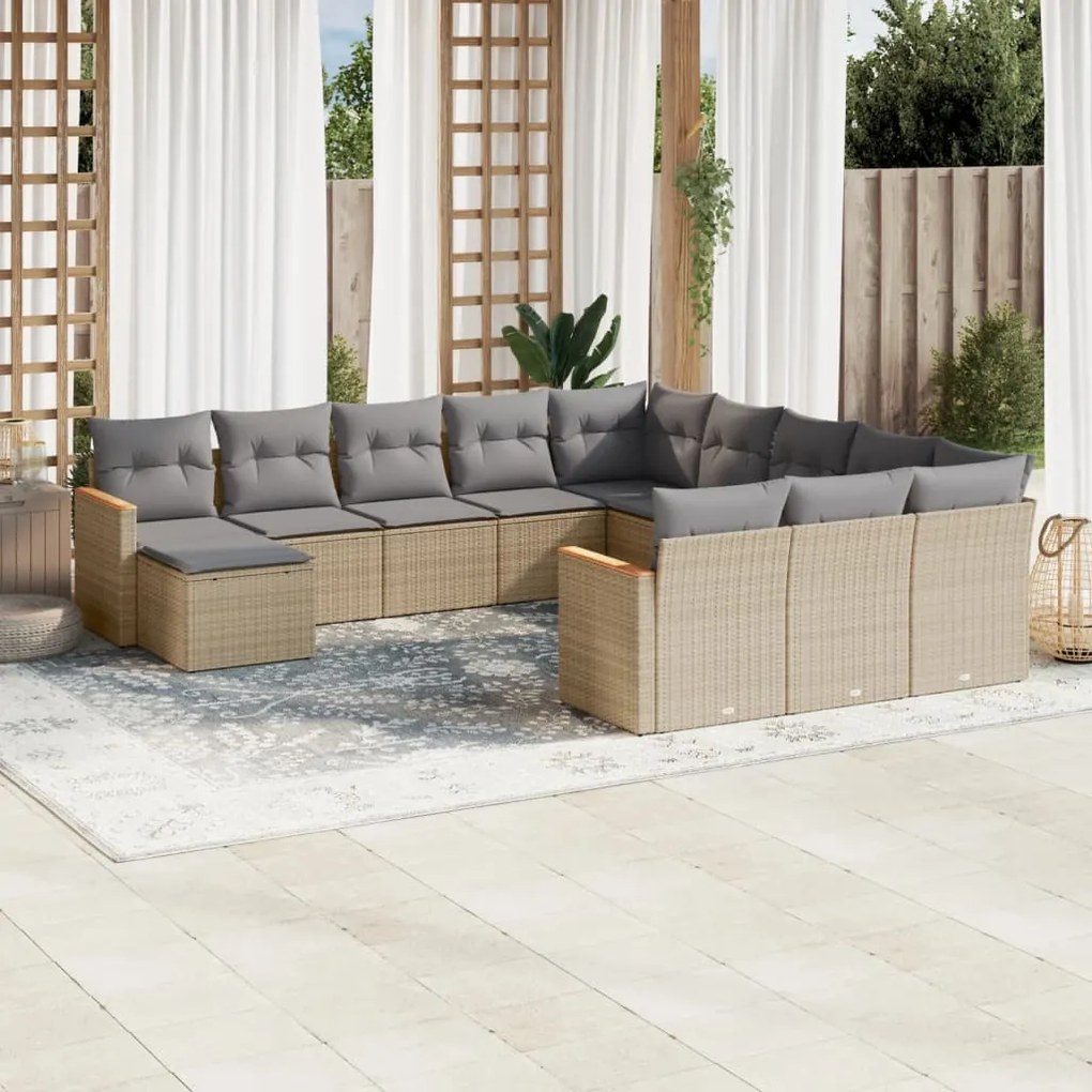 Set Divano da Giardino 12 pz con Cuscini Beige Misto Polyrattan