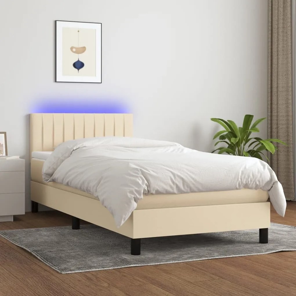 Letto a molle con materasso e led crema 90x190 cm in tessuto