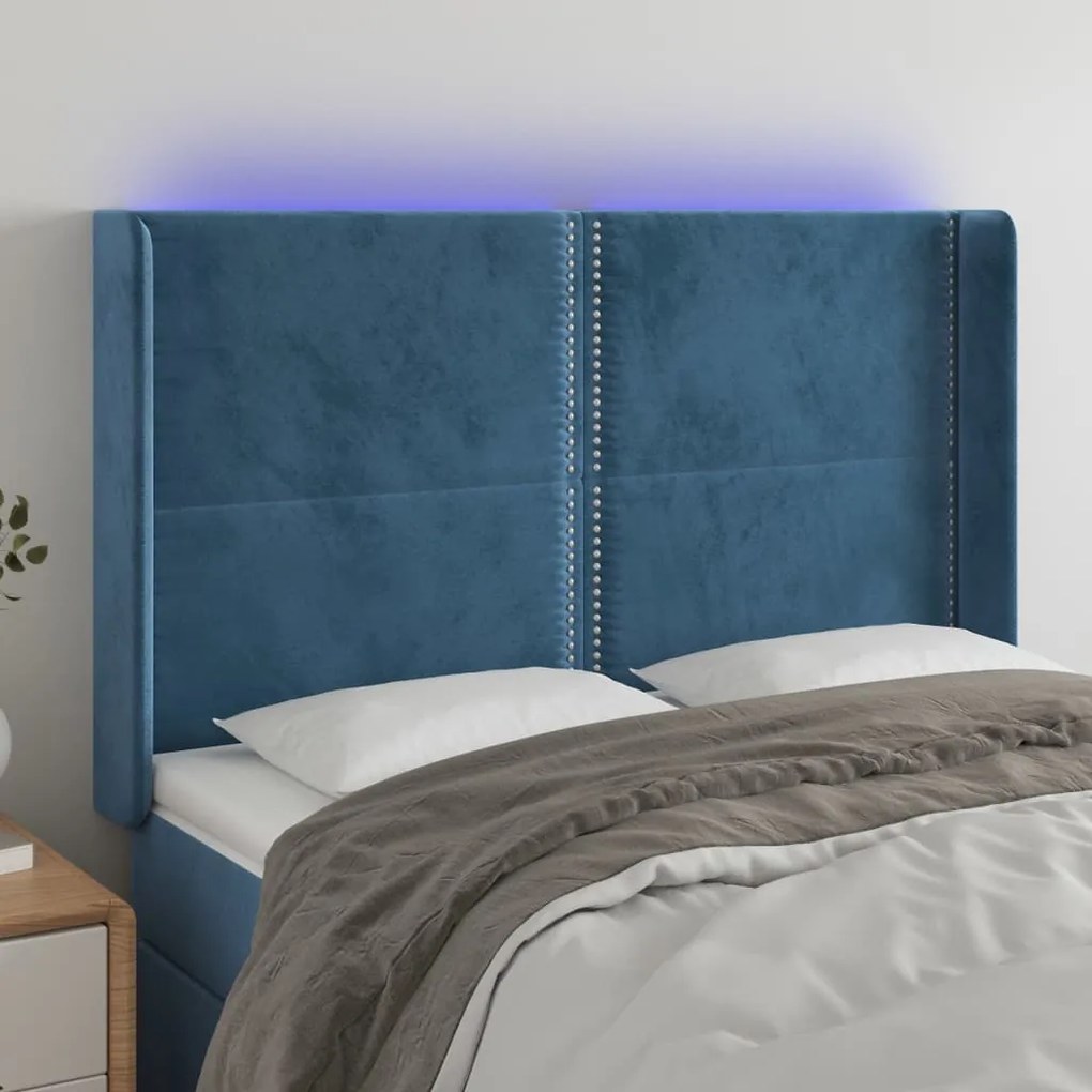 Testiera A Led Blu Scuro 147x16x118/128 Cm İn Velluto /