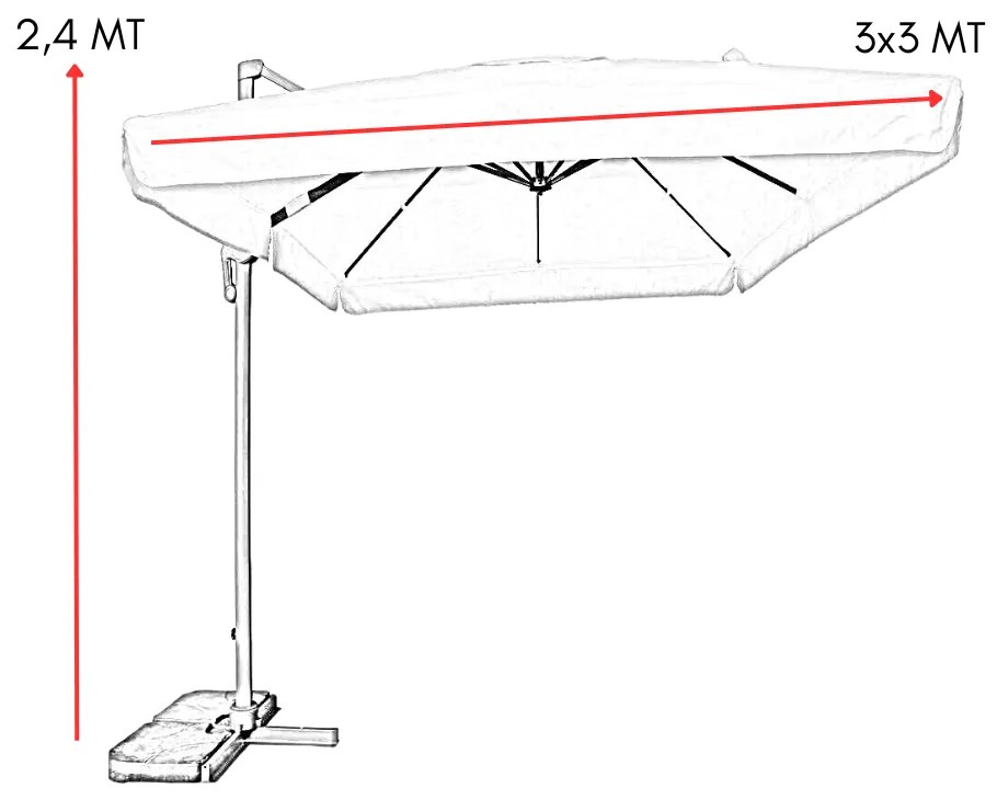 Ombrellone da Giardino 3x3 Palo Decentrato Telo Poliestere Ecrù Idrorepellente 220 g/mq Struttura in Alluminio