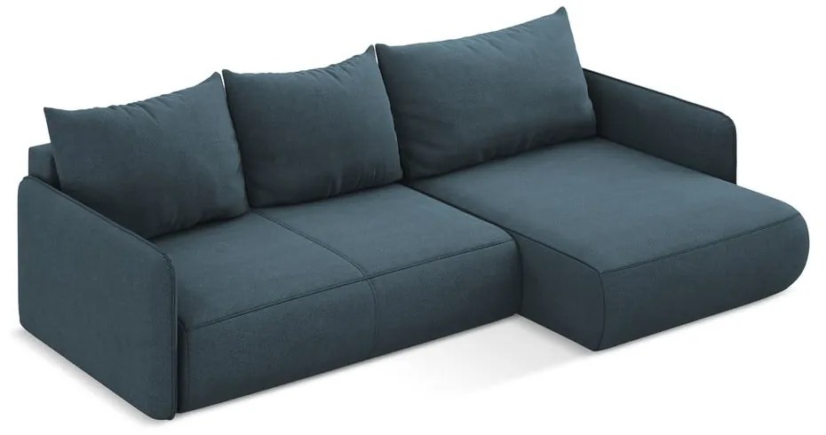 Divano angolare blu allungabile/con contenitore (con penisola a destra) Nanea – Makamii