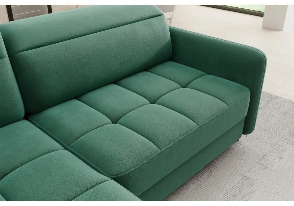 Divano angolare verde allungabile/con contenitore (con penisola a sinistra/a L) e rivestimento in velluto Barea – ELTAP