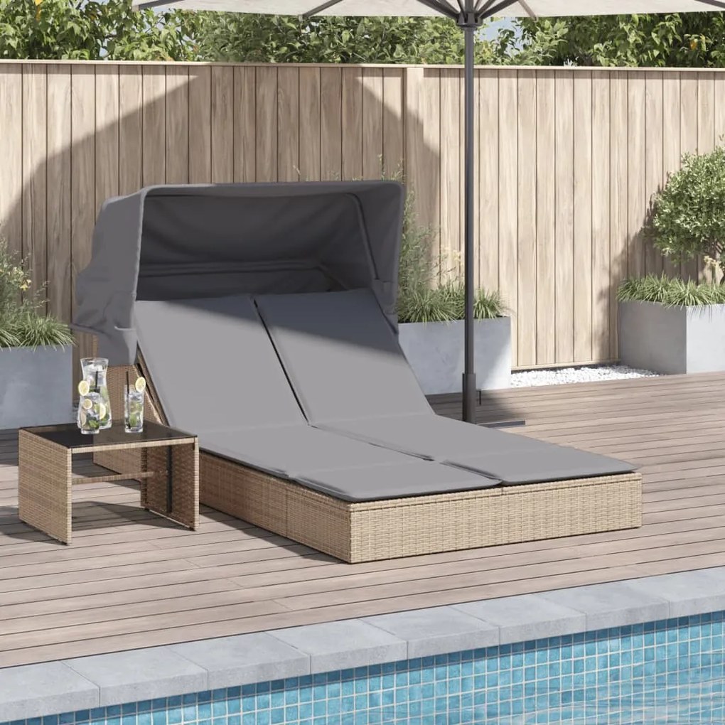 Lettino Doppio Con Baldacchino E Cuscini Beige İn Polyrattan /