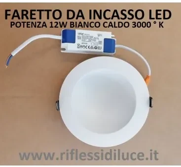 Faretto led da incasso carrera 12W luce bianco caldo 3000° K
