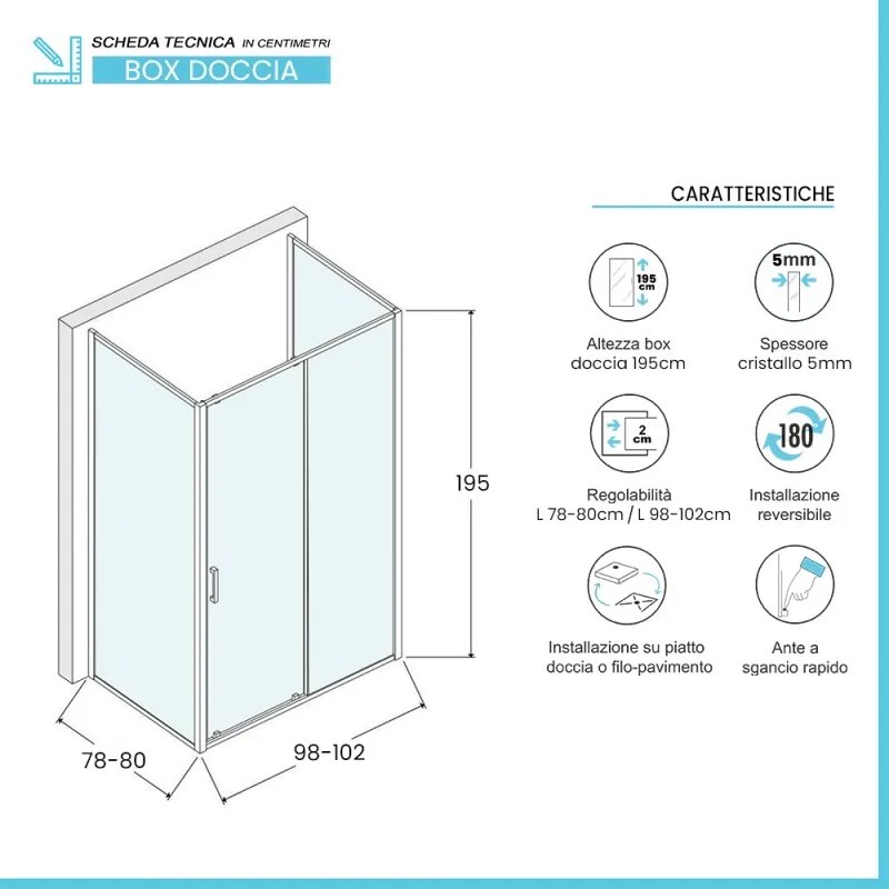 Box doccia 3 lati 80x100x80 con porta scorrevole e vetro stampato   Tay