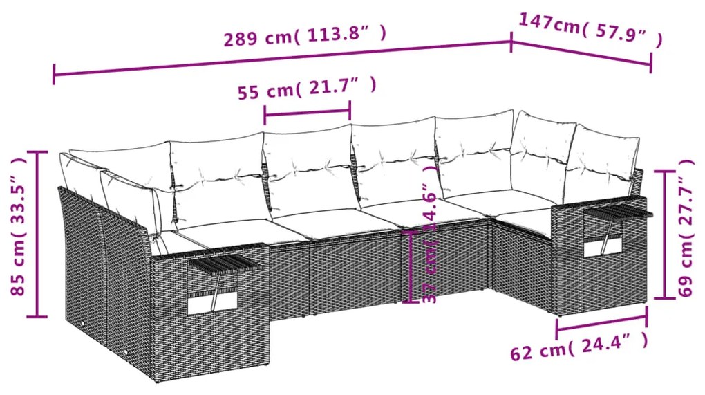 Set Divani da Giardino 7 pz con Cuscini Marrone in Polyrattan